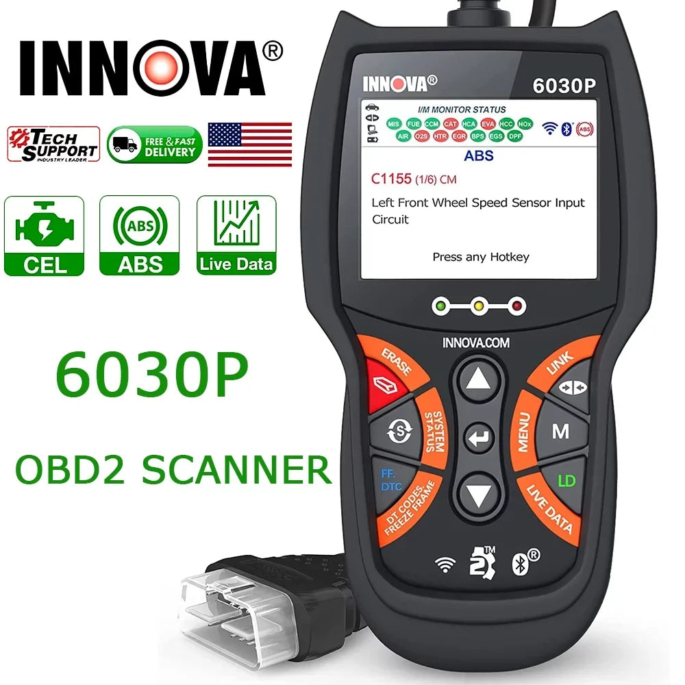 INNOVA 6030P OBD2 Scanner Check Engine ABS Code Reader Automotive Diagnostic Scan Tool 12V Battery Alternator Test Full OBDII Modes for EOBD OBD Car Scanner Automotive Scanner Analyzer Turn off MIL