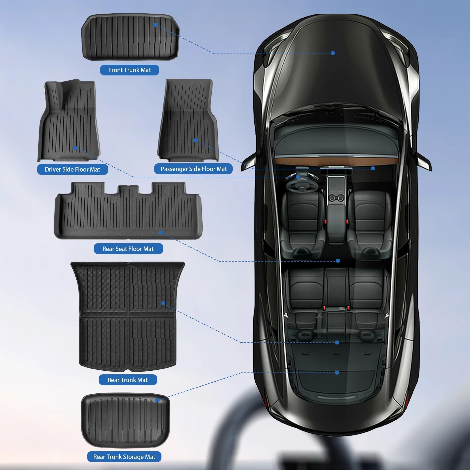 WEIZE Floor Mats Set for Tesla Model Y 2021-2023 2024, All Weather TPE Waterproof Anti-Slip Front & Rear Trunk Mats Cargo Liners Accessories, Custom Fit for Tesla 5-Seater, Set of 6 Mats