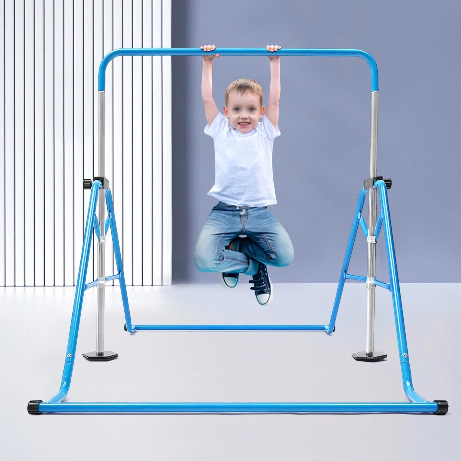 ZhdnBhnos Adjustable Kids Gymnastics Horizontal Bar Folding Junior Training Bar For Home Gym Max Load 100kg/220.5lbs Blue
