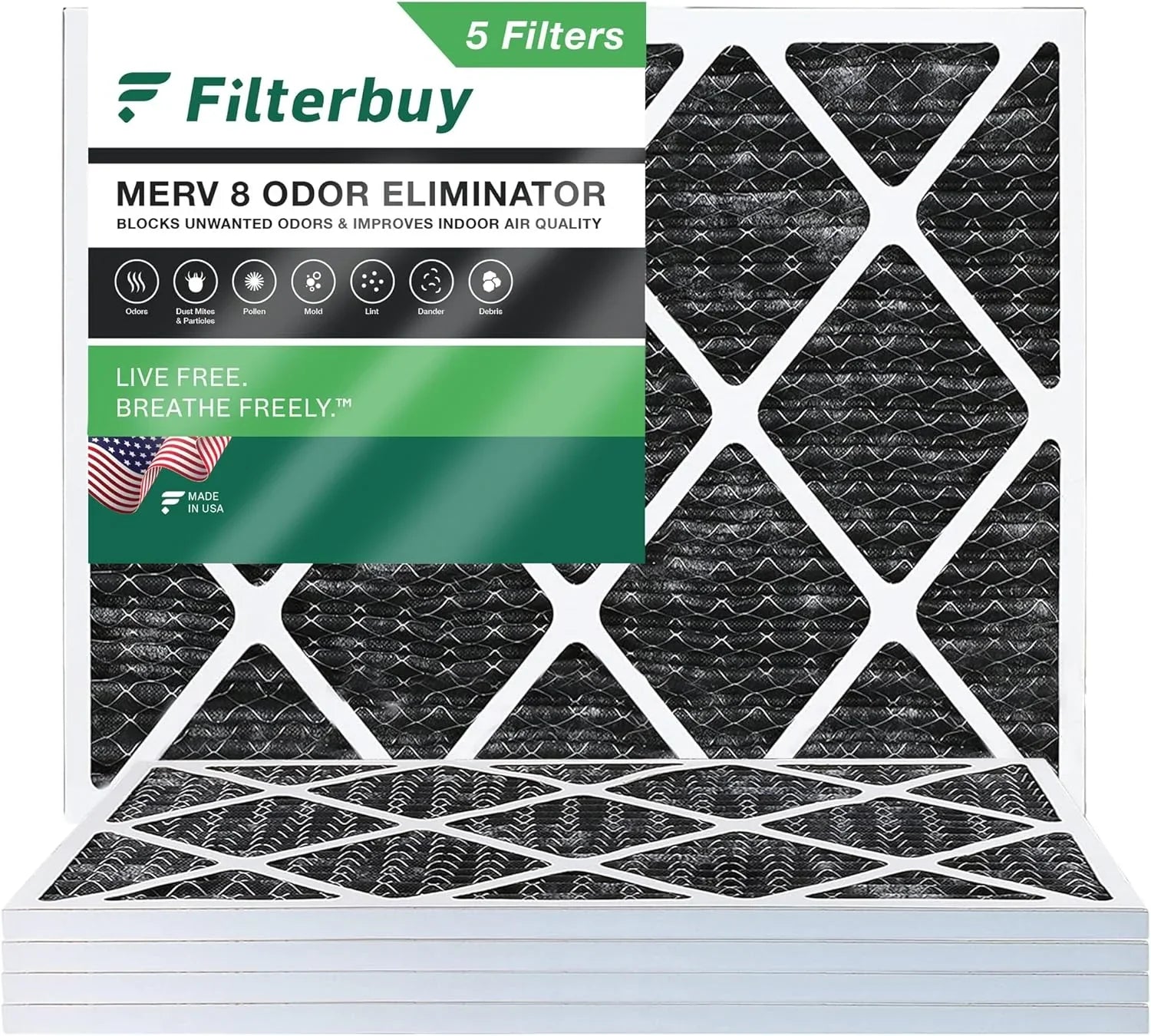 Filterbuy 15x20x1 MERV 8 Odor Eliminator Pleated HVAC AC Furnace Air Filters with Activated Carbon (5-Pack)