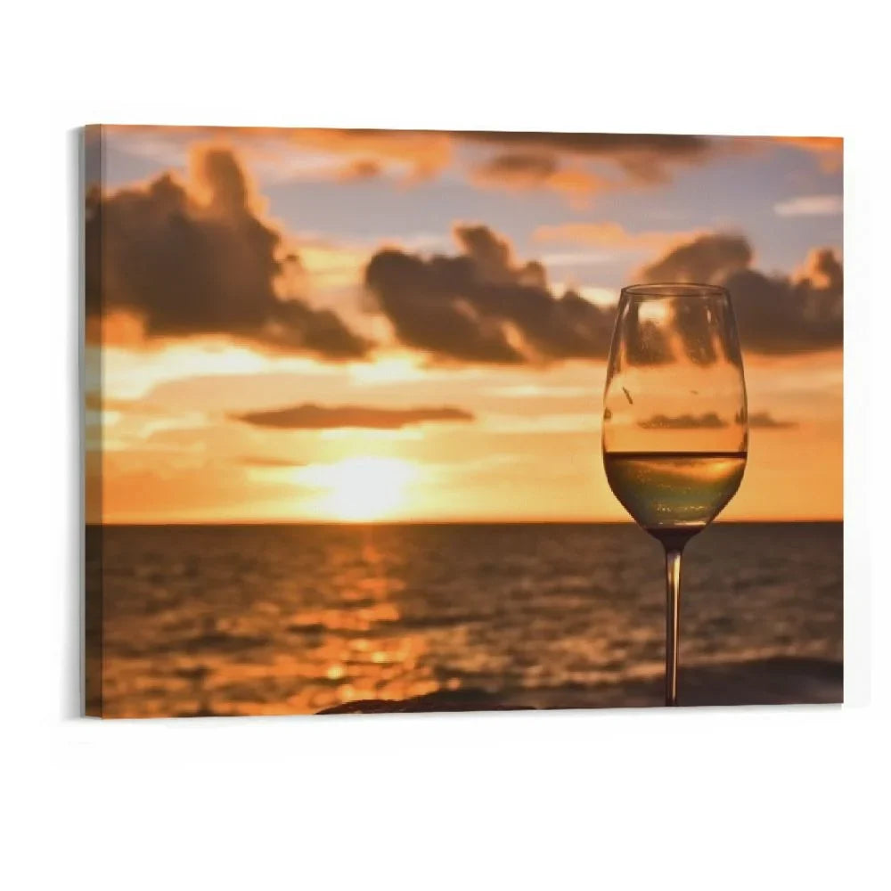 PRATYUS  Wall Art Painting Pictures Glass of white wine on the beach at sunset Sundowners Framed Poster Prints on Canvas Artwork for Living Room Bedroom Home Office Decor 20x16 Inch