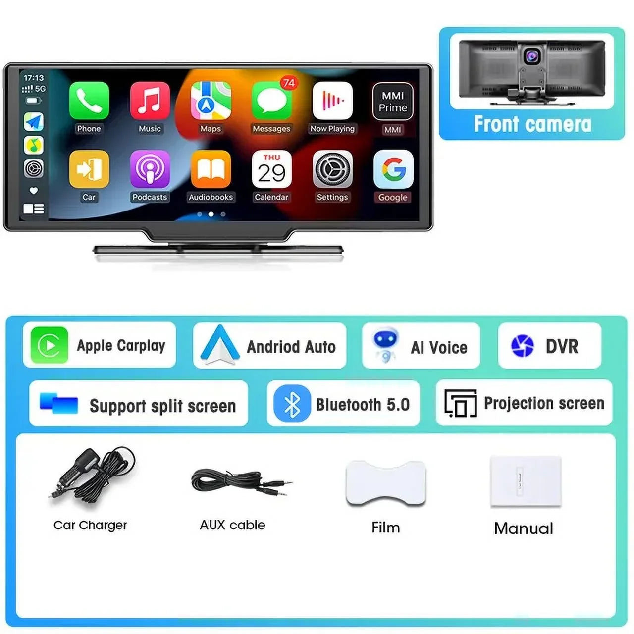 MassLatitudeie 10.26 Inch Dash Cam Rearview Camera Carplay & Android Auto DVR GPS Navigation Video Dashboard Mirror Monitor Car DVRS,Front camera