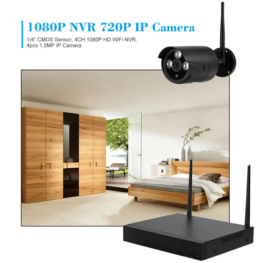 Radirus Wireless CCTV System, 4pcs 1.0MP WiFi IP Camera, 4CH 1080P NVR Kit, Phone Control