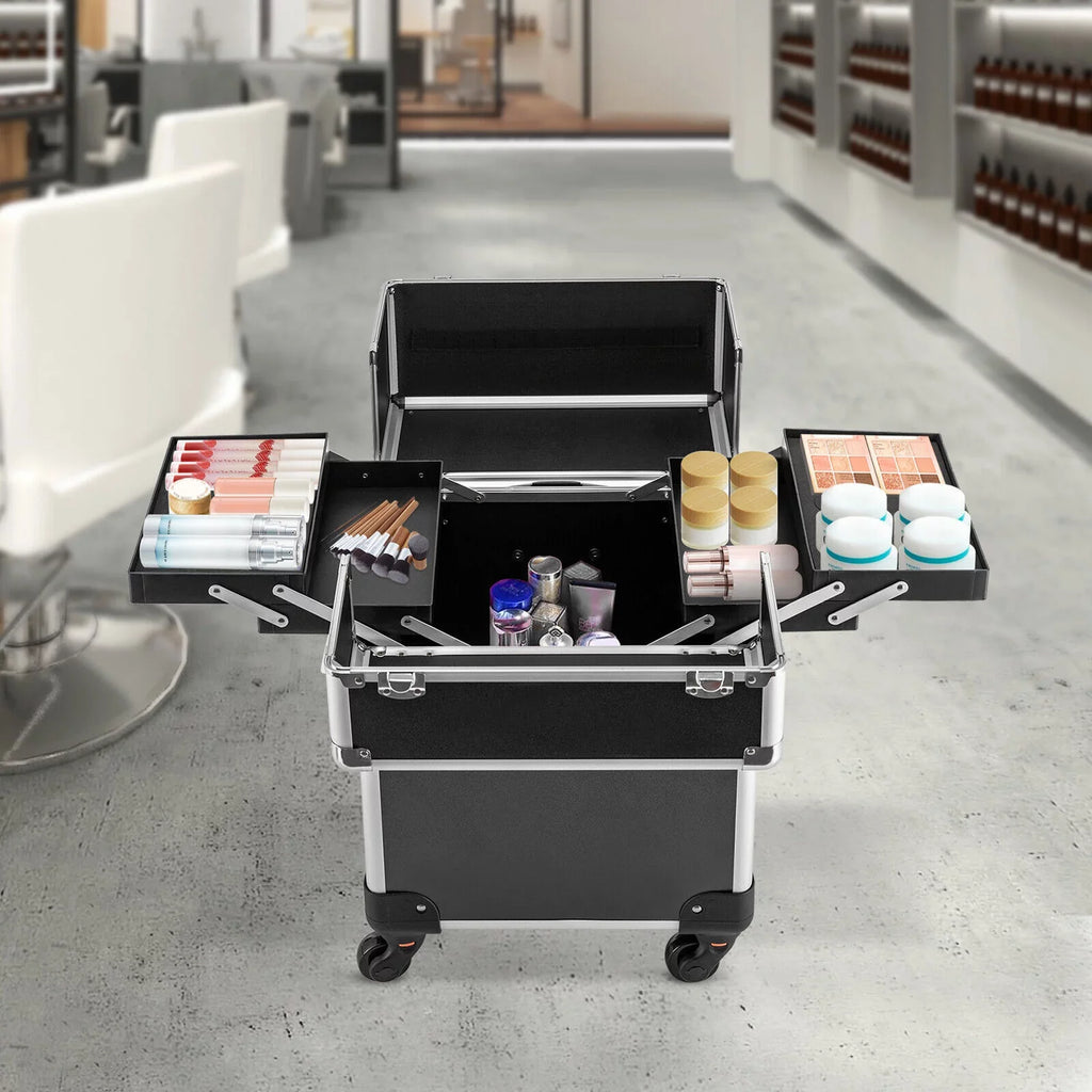 Rolling Lockable Makeup Train Case Hairdresser Trolley, Stylist Beauty Nail Salon Barber Case Cosmetic Luggage Travel Trunk Cart Organizer Tool Box with Swivel Wheels (Black)