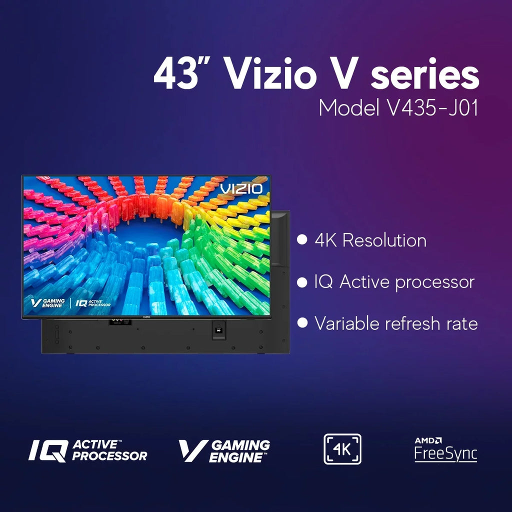Restored VIZIO 43" Class HDR 4K UHD Smart LED TV + Free Wall Mount, Compatible with Netflix, Disney+, Works with Siri, Alexa, and Google Assistant - V435-J01 (Refurbished)