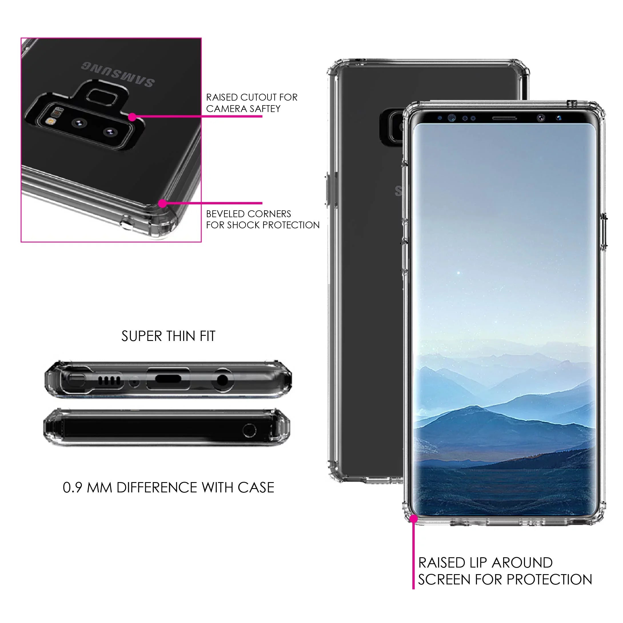 DistinctInk Clear Shockproof Hybrid Case for  Galaxy Note 9 - TPU Bumper, Acrylic Back, Tempered Glass Screen Protector - Faith / Hope / Love - Black & White - Christ