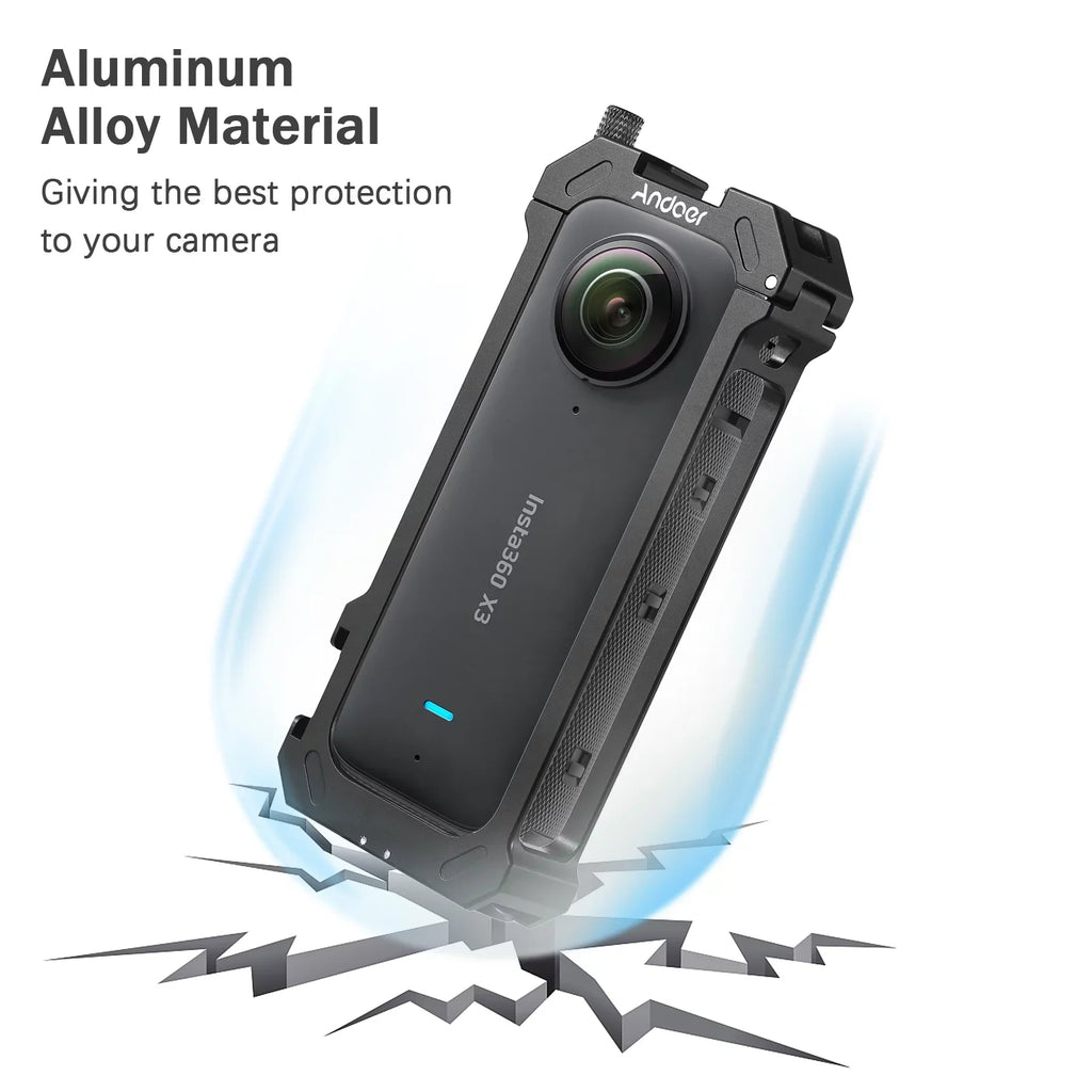 Andoer Aluminum Alloy Sports Camera Video Cage with Dual Cold Shoe Mounts - Metal Protective Frame Vlog Accessories for Insta360 X3