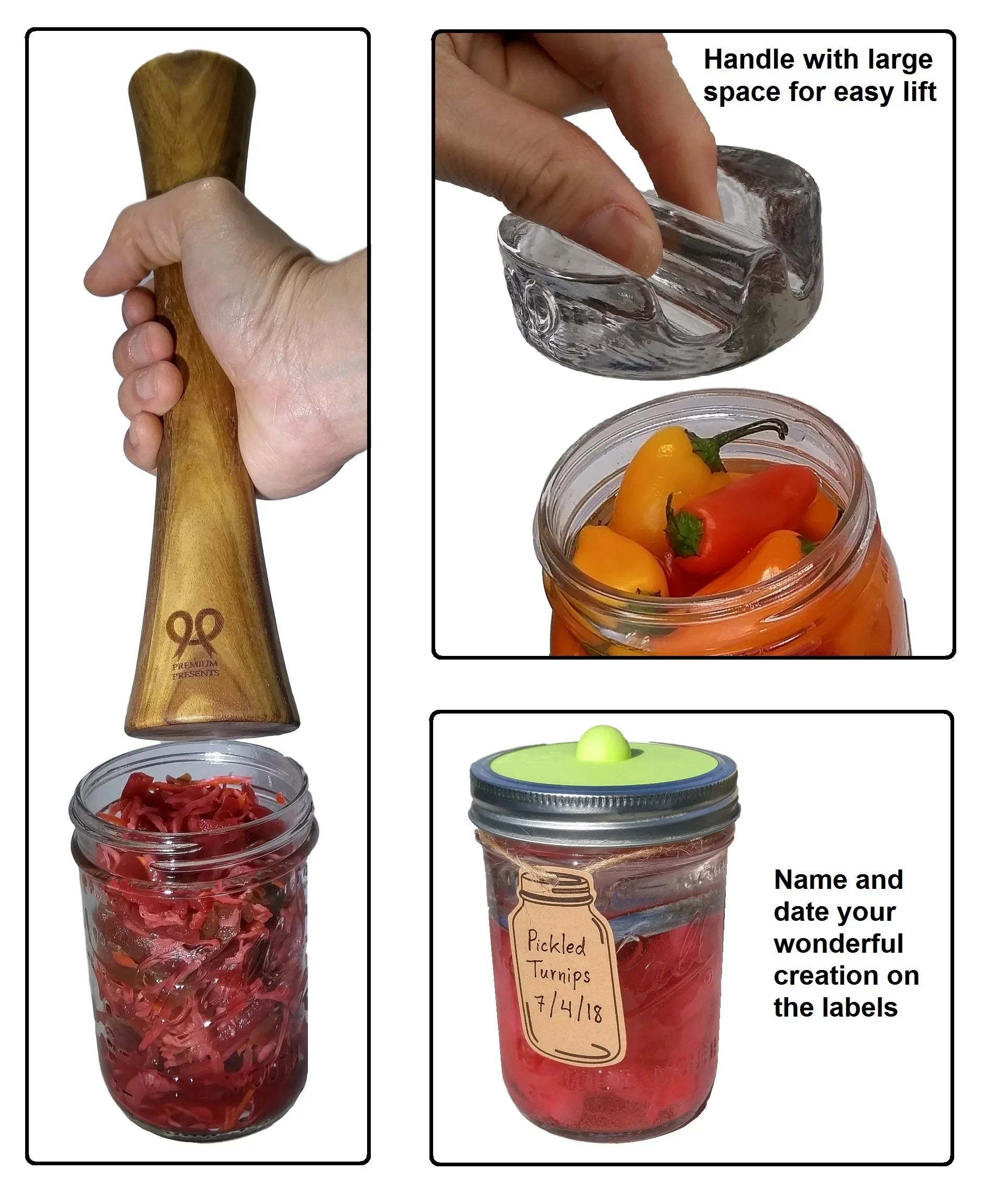 Canning kit. Complete DIY fermentation kit for wide mouth mason jars or pickling jars for 7 sets for making pickles, sauerkraut, kimchi, etc  Glass weights, tamper, airlock lids, and recipe included.