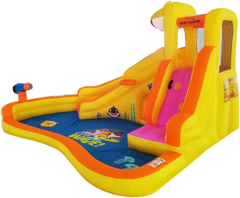 Funormous Baby Shark Bounce House with Slide Wet or Dry, Pink Fong InfLatitudeable Water Slide, Party Outdoor Curve Waterslide Fun, Kids Backyard Water Park, Includes Water Sprayer, Pool & Blower