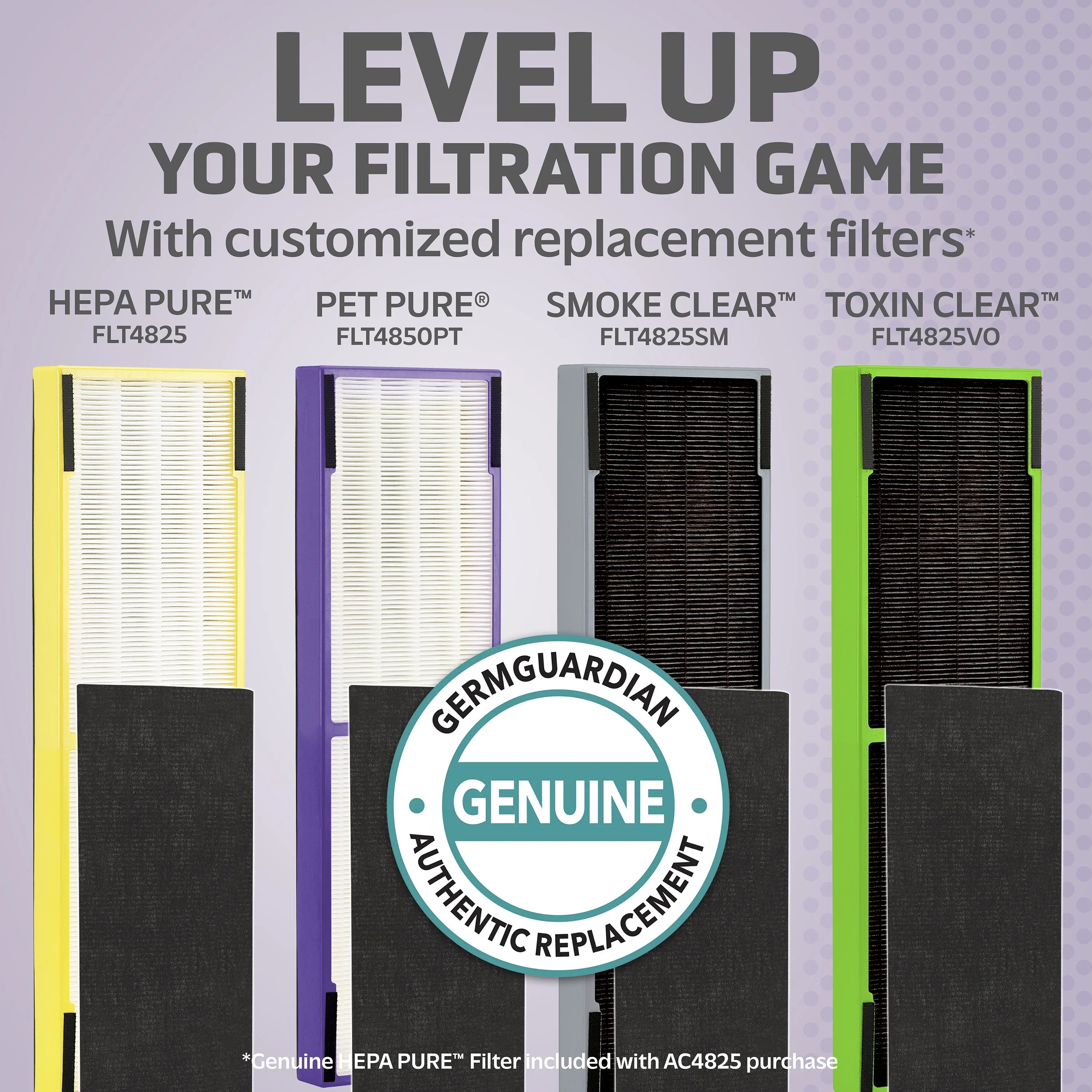 GermGuardian Air Purifier Replacement Filter B, FLT4850PT4PK, HEPA Pet Pure for AC4300, AC4800 and AC4900, 4-Pack, FLT4850PT4PK
