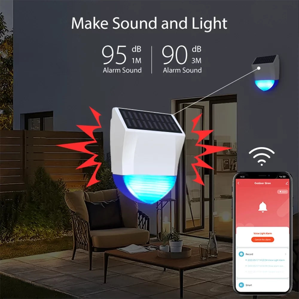 Solar Powered Wifi Outdoor Alarm BT 5.0 Smart Alarm IPX5 Waterproof Real-time Sound Light Alarm APP Control Intelligent Linkage Home Device