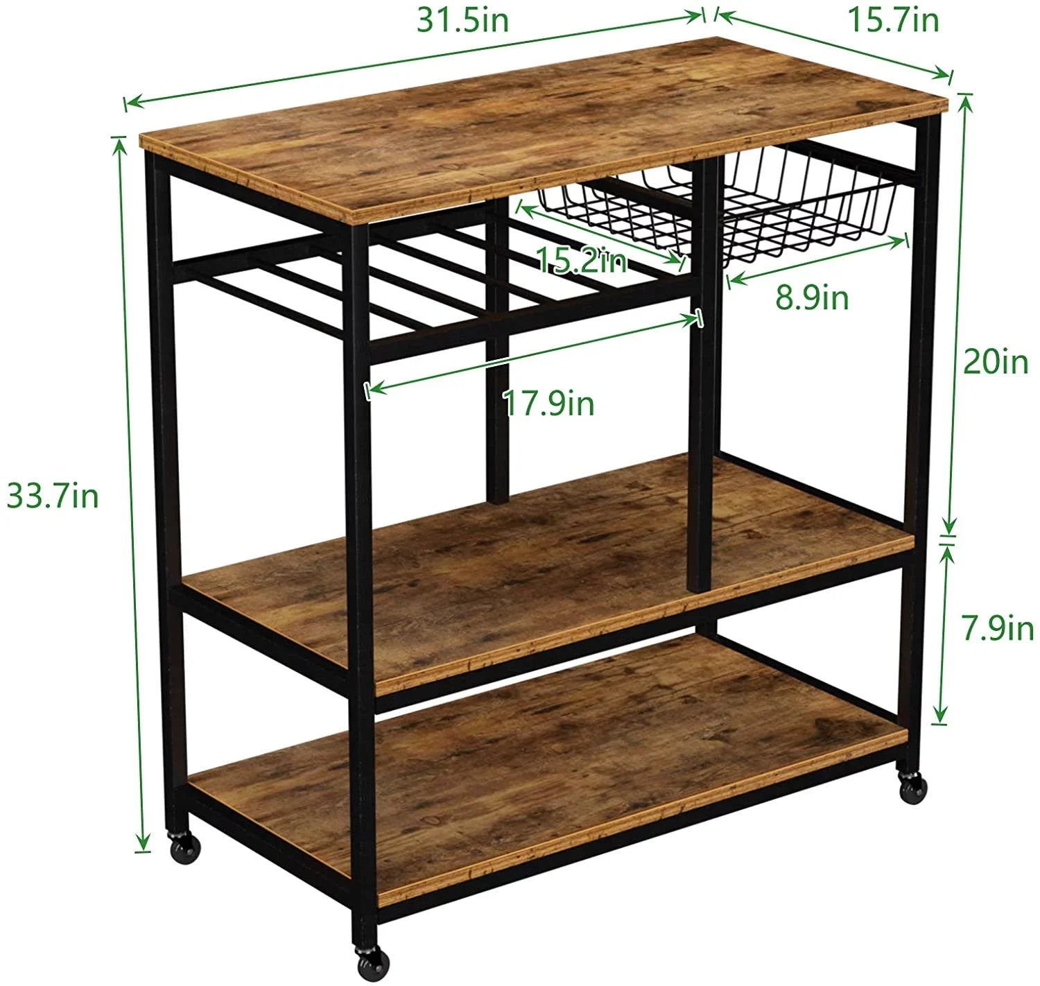 Microwave Carts for Kitchen with Storage 3 Tier Rolling Bakers Rack Utility Kitchen Serving Cart on Wheels Outdoor Bar Cart Coffee Station, Dark Brown