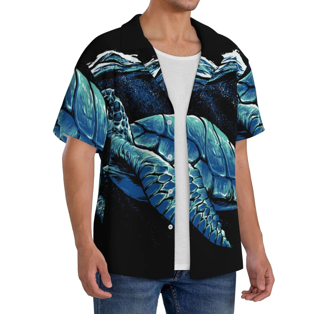 Easygdp Ocean Turtle Men's Casual Short-sleeved Shirt with Pocket and Button Suitable for Beach Vacation Leisure - XX-Large