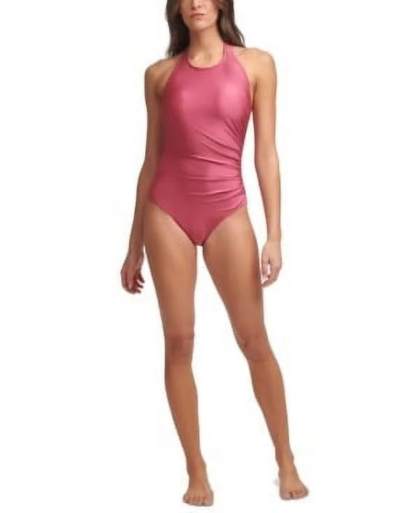 Calvin Klein CARMINE SHIMMER High-Neck Halter One-Piece Swimsuit, US 18