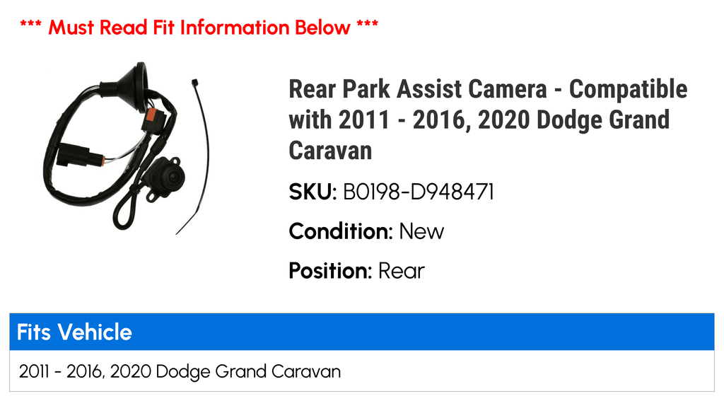 Rear Park Assist Camera - Compatible with 2011 - 2016, 2020 Dodge Grand Caravan 2012 2013 2014 2015