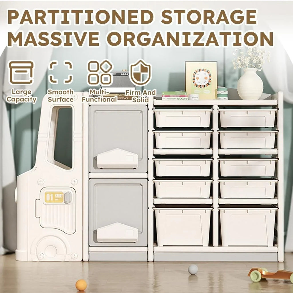 RUNFAYBIU Toy Organizer  Multi-Functional Bookshelf and Toy Box  Closed Cabinet and Pull-Out Drawer for Playroom  Children's Bedroom and Nursery. (10 Organizer Boxes + 2 Organizer Cab