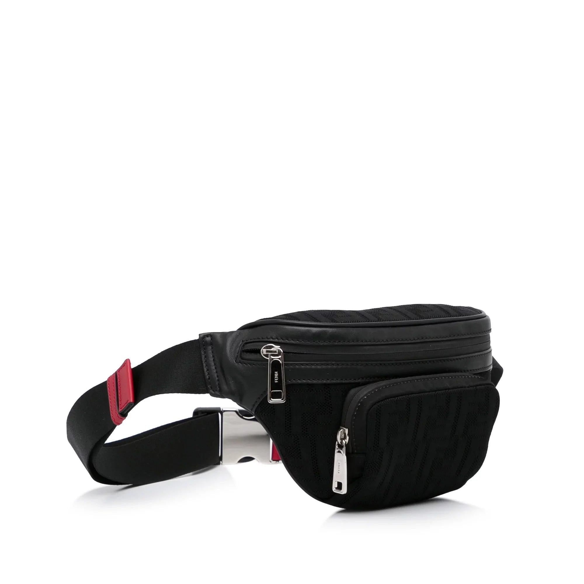 Pre-Owned Authenticated Fendi FF Neoprene Vitello Grace Perforated Pocket Belt Bag Knit Fabric Black Unisex (Good)