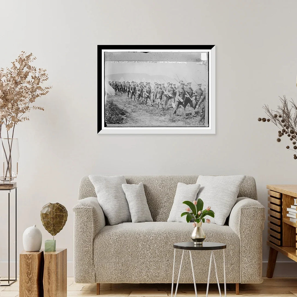 Historic Framed Print, Val Cartier camp - Grenadier guards off to target practice, 17-7/8" x 21-7/8"