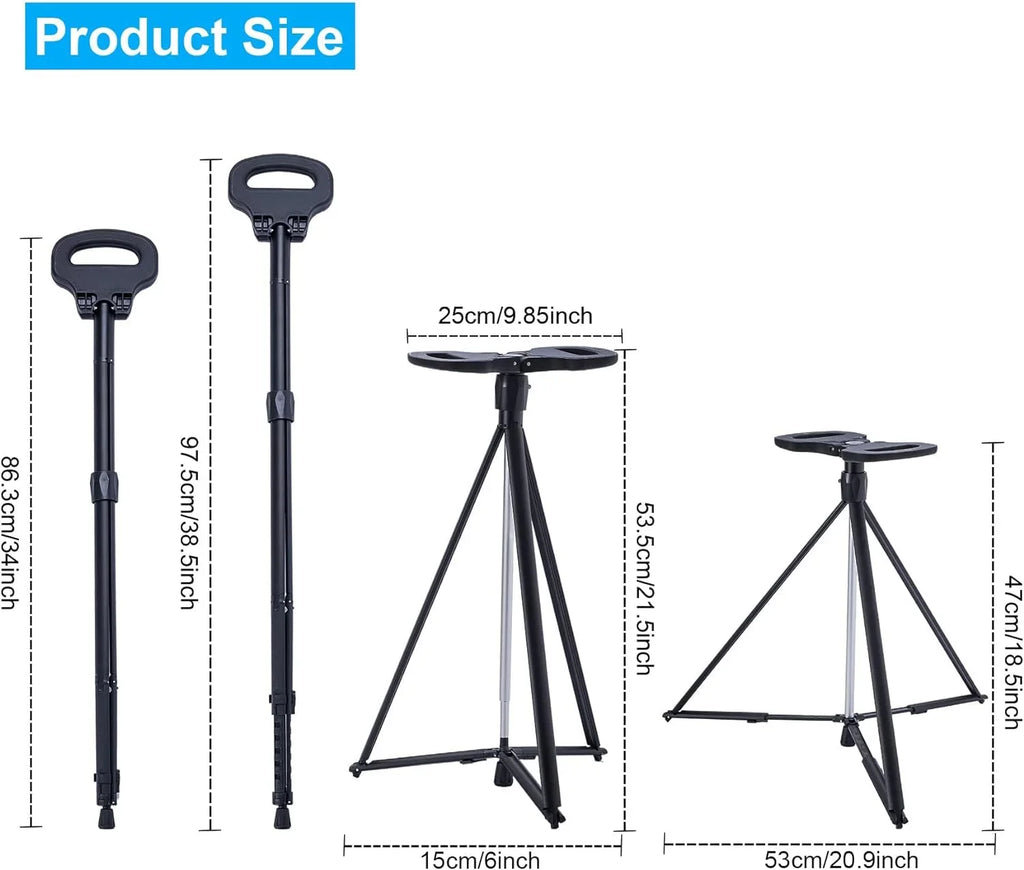 Portable Cane Seat Folding Walking Cane for Men & Women Sturdy Tripod Cane Stool Lightweight Balancing Mobility Aid Crutch Chair with Travel Bag and 2 Base Canes for Elderly, Seniors & Handicap