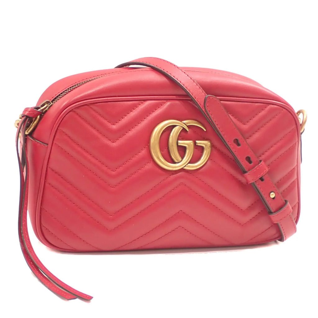 Pre-Owned Gucci Quilted Small Shoulder Bag GG Marmont Women's Red Leather 447632 (Good)