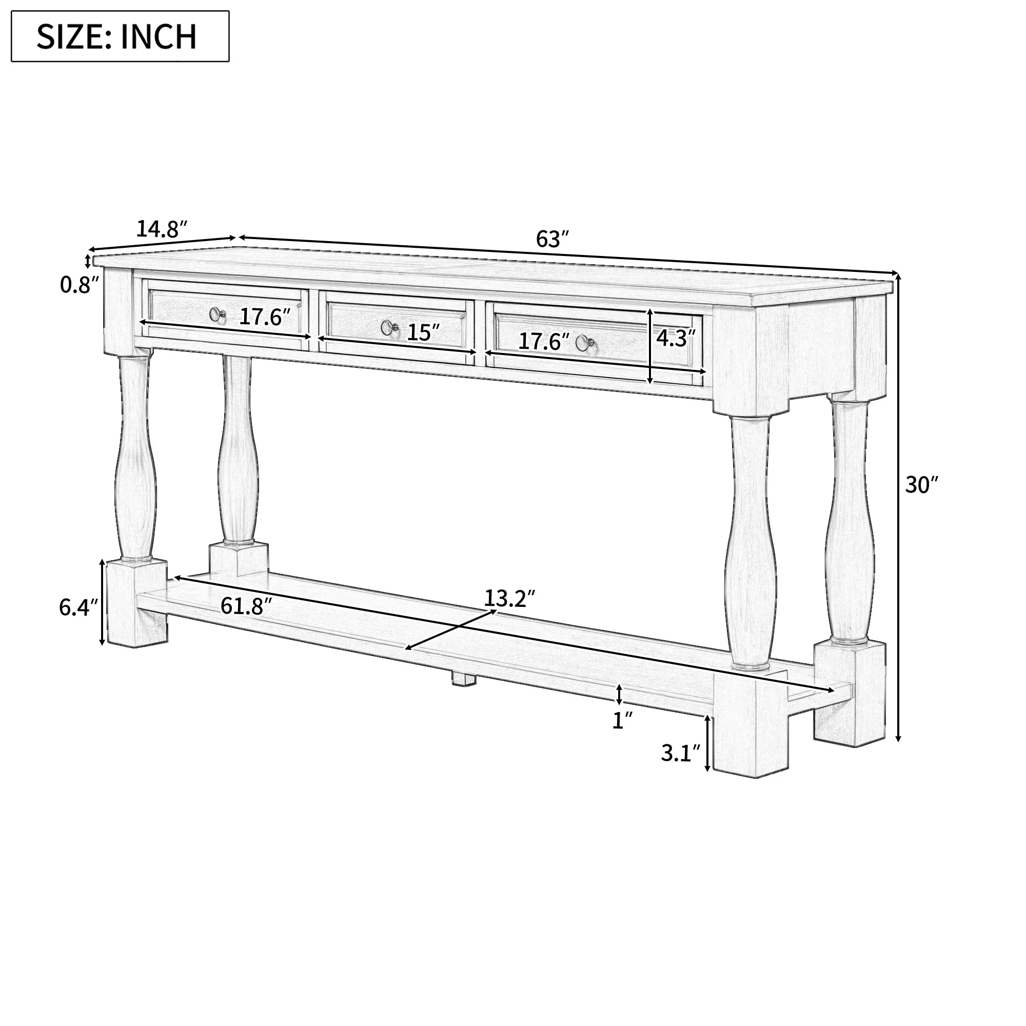 Console Table 63" Long Console Table with Drawers and Shelf for Entryway, Hallway, Living Room (Antique White, OLD SKU: WF193795AAK)