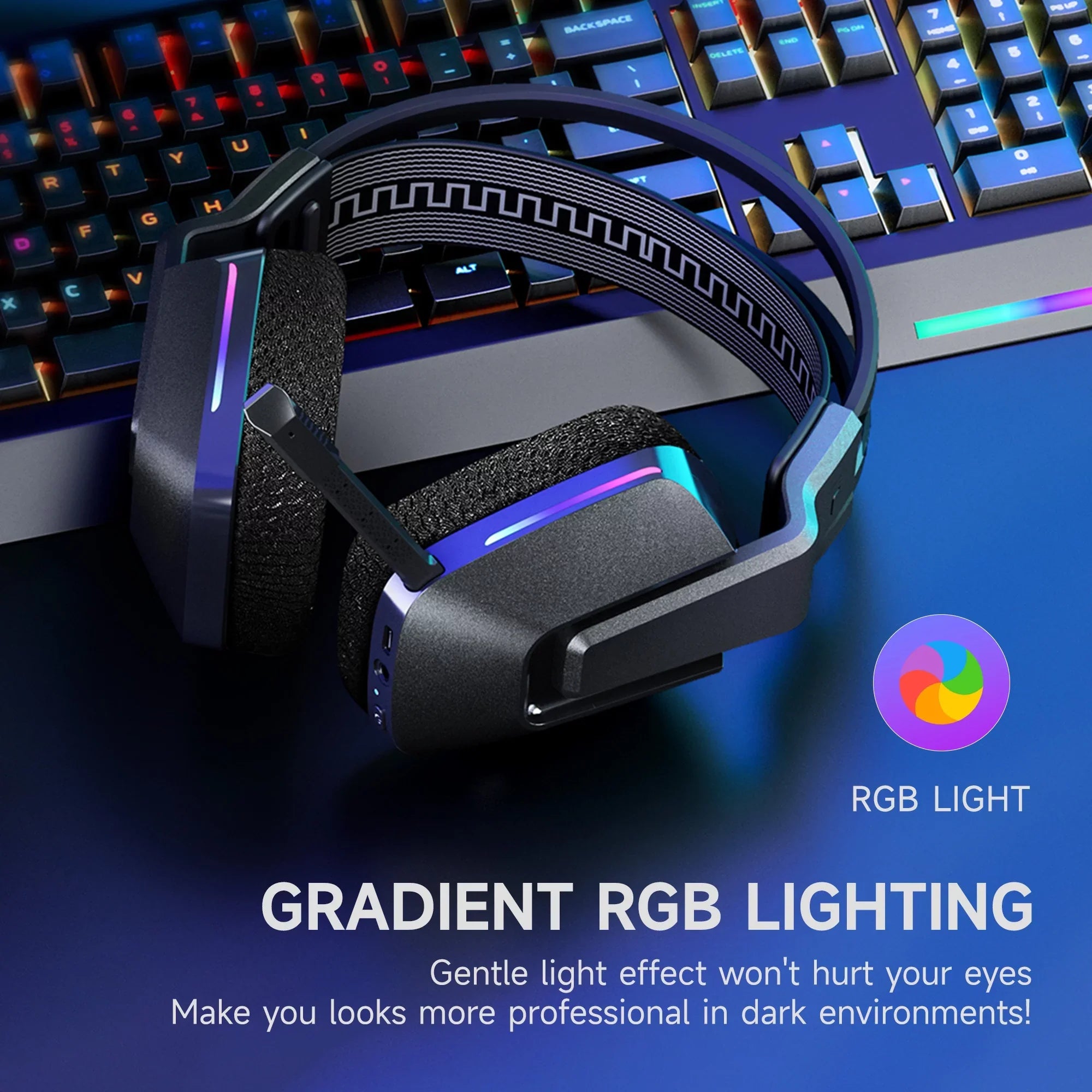 HTQ Wireless Gaming Headset with Noise-Cancelling Mic, RGB Lights 7.1 Surround Sound for PC, PS4/5, Nintendo Switch, 3.5mm Wired for Xbox One/Series x/s, 300g, Black