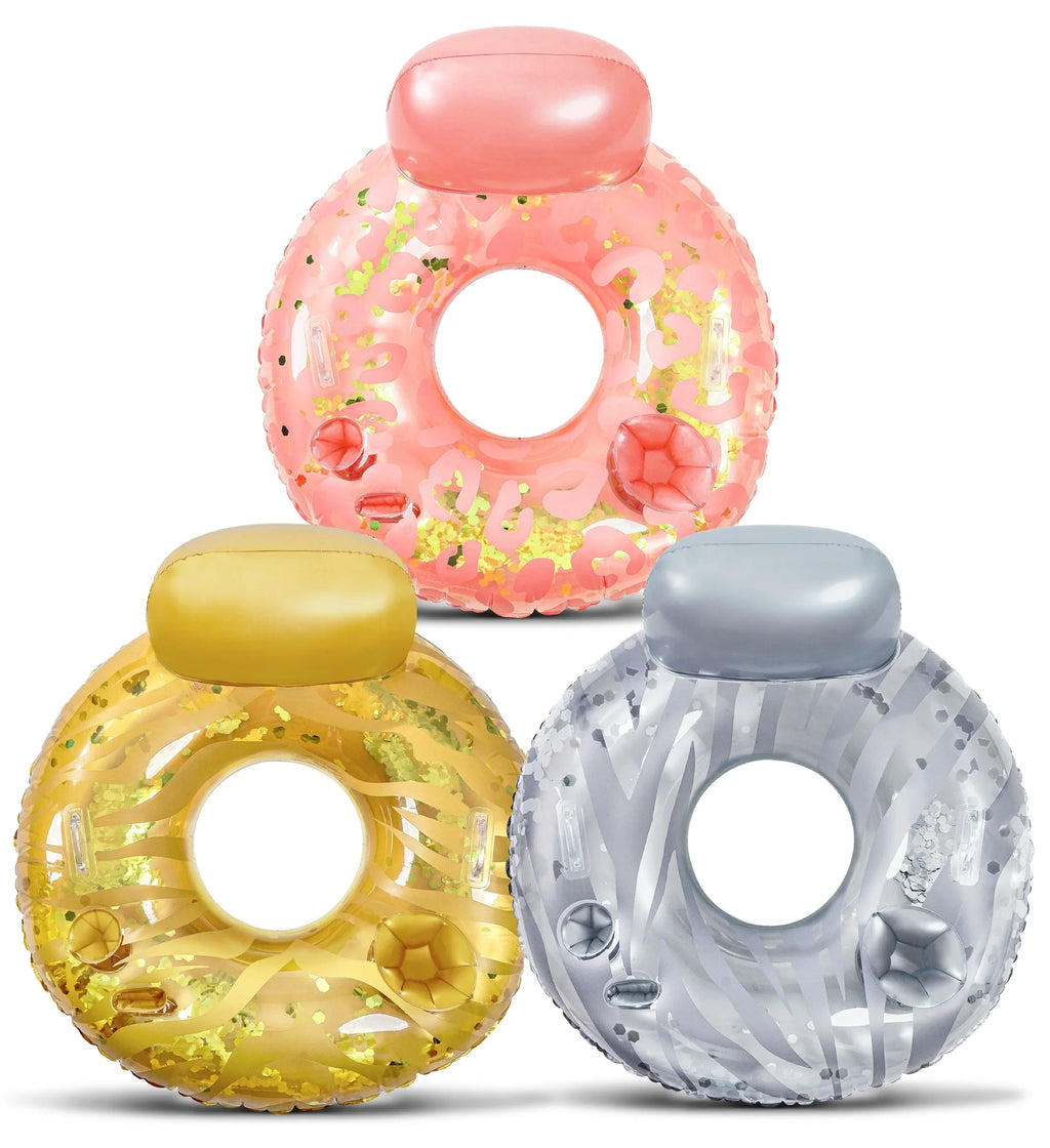 POZA InfLatitudeable Luxury Tubes with Back Rest - Rose Gold, Gold, Silver Sparkle Confetti Filled Luxurious Lounger, Thick Pool Float Tubes, Built in Phone and Cup Holder with Handles, 42 Inch, Pack of 3