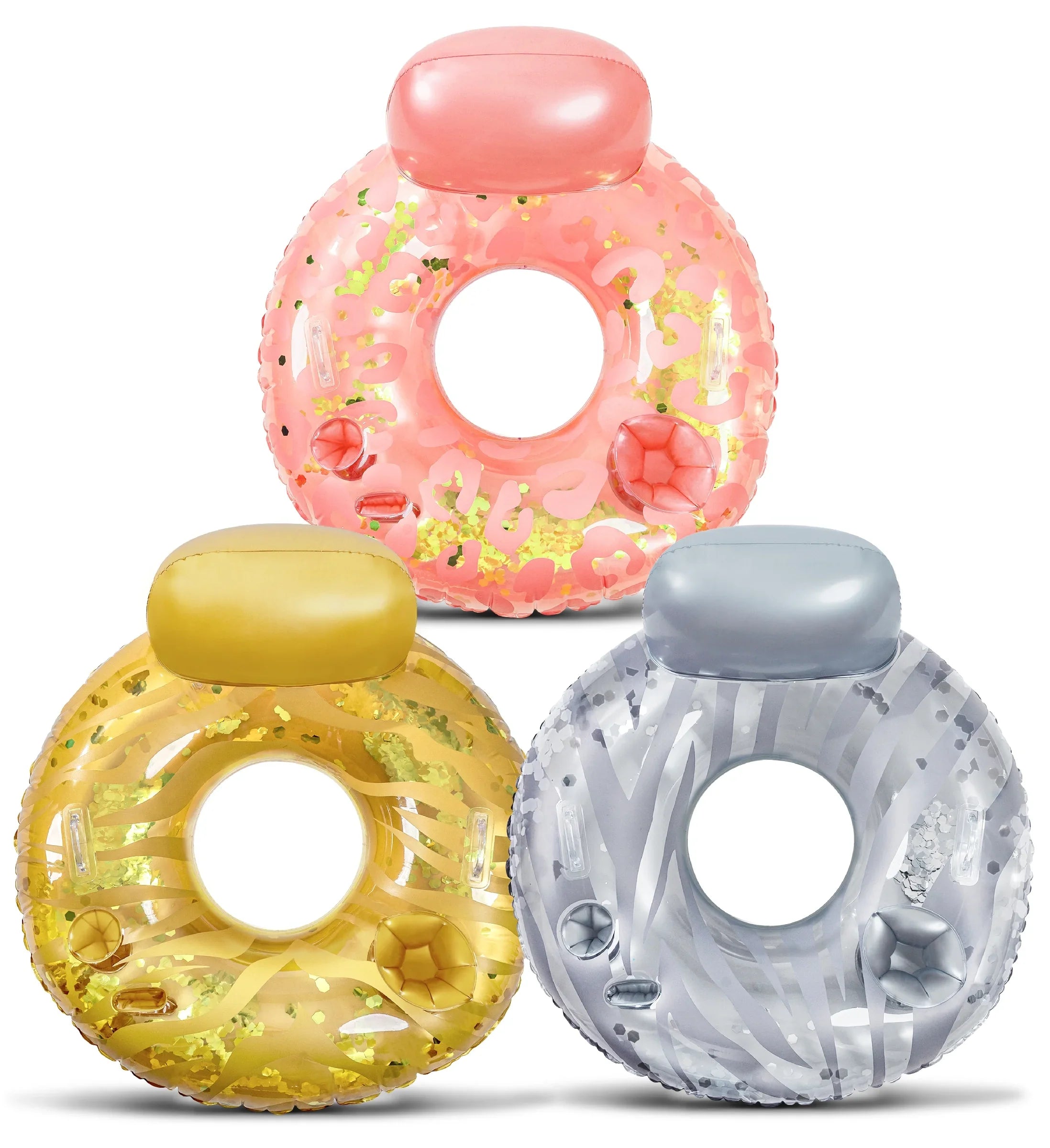 POZA InfLatitudeable Luxury Tubes with Back Rest - Rose Gold, Gold, Silver Sparkle Confetti Filled Luxurious Lounger, Thick Pool Float Tubes, Built in Phone and Cup Holder with Handles, 42 Inch, Pack of 3