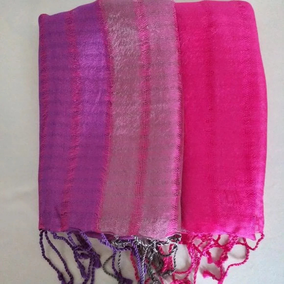 Tricolor Thick Striped Vegan Silk Shawl - Purple/Pink