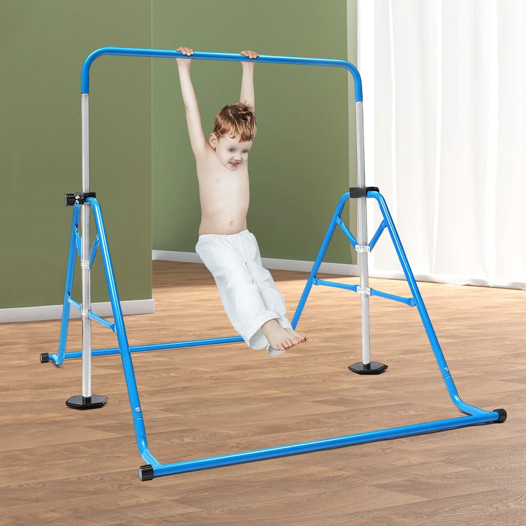 ZhdnBhnos Adjustable Kids Gymnastics Horizontal Bar Folding Junior Training Bar For Home Gym Max Load 100kg/220.5lbs Blue