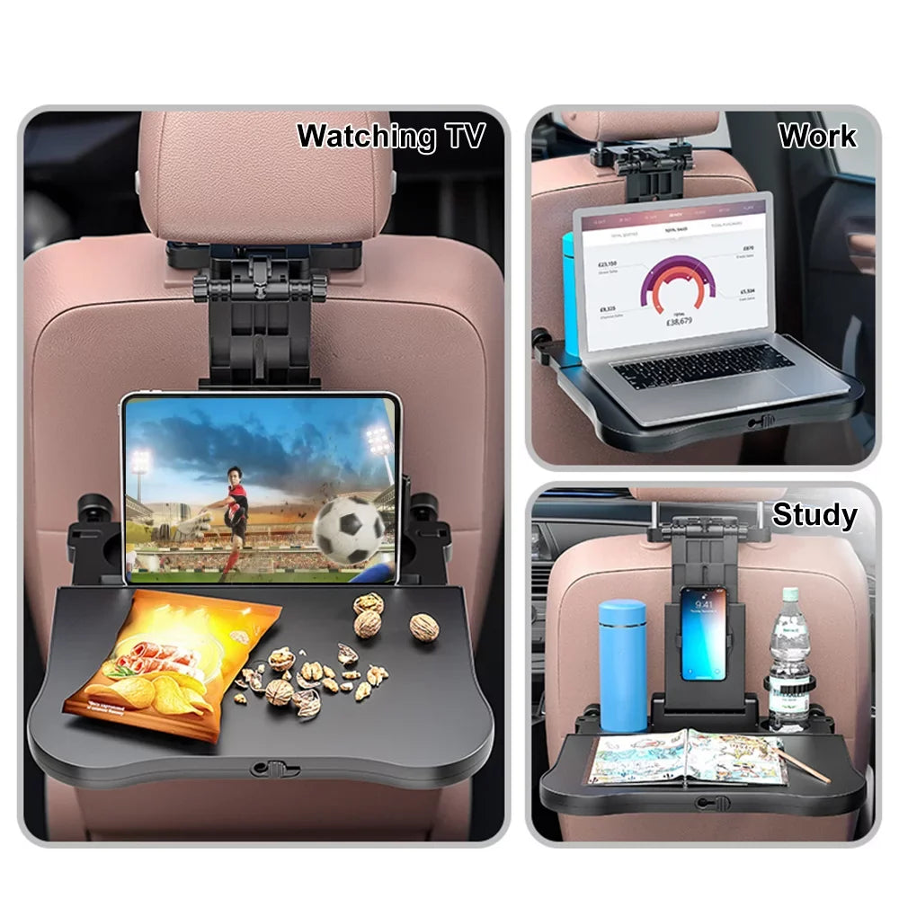 Dcenta Adjustable Car Seat Travel Table Multifunctional Foldable Car Back Seat Food Tray, Car Table with Phone Holder for Working, Writing, Eating Black