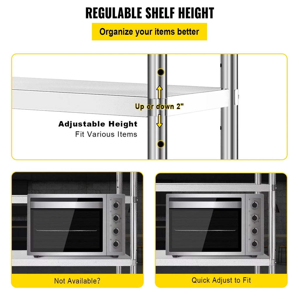 VEVORbrand 4-Tier Shelf Stainless Steel Shelving 330LB Capacity per Shelf Commercial Standing Shelf Unit  for Kitchen, Office, Garage Storage