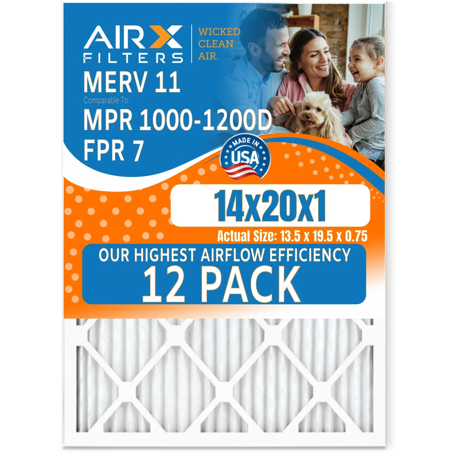 14x20x1 Air Filter MERV 11 Rating, 12 Pack of Furnace Filters Comparable to MPR 1000, MPR 1200, FPR 7, High Efficiency 12 Pack of Furnace Filters Made in USA by AIRX FILTERS WICKED CLEAN AIR.