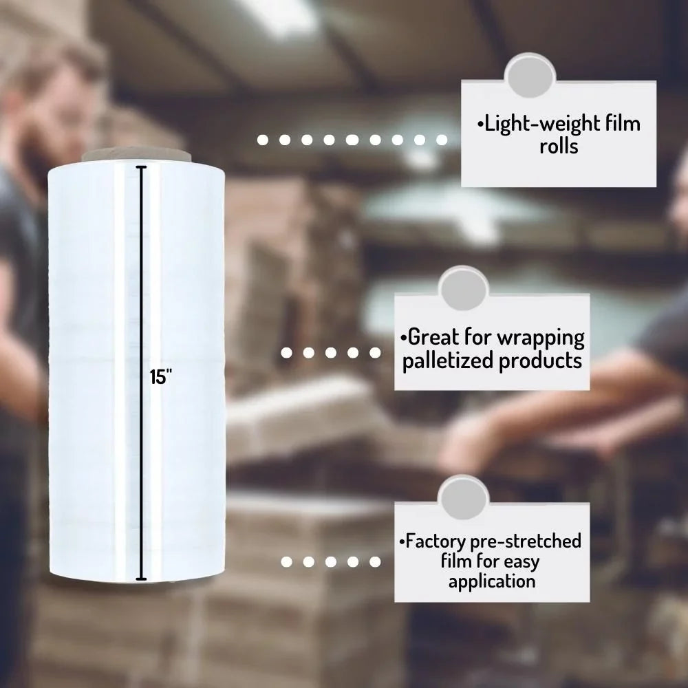 SSBM 15" x 1476' 3" Core Plastic Film Pre-Stretch Hand Shrink Wrap for Warehouse, Wrapping Pallets, Bundling Merchandise, 30 Gauge, Clear, 256 Rolls