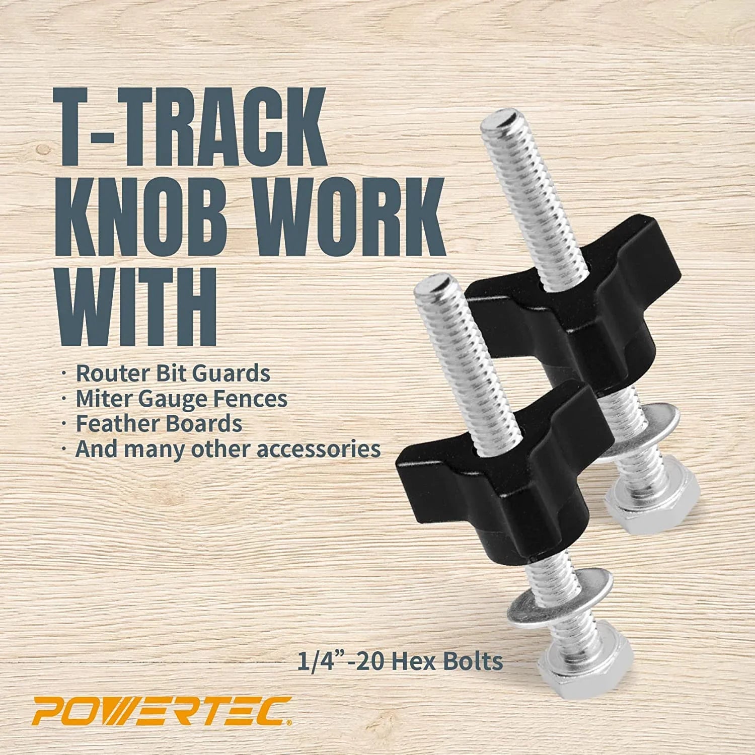 POWERTEC T Track Knob Kit w/Hold Down Clamps, (Set of 10) 1/4-20 x 1-1/2" Hex Bolts and Washers, 2x5-1/2" L Hold Down Clamps, T Track Kit, T Track Accessories for Woodworking Jigs and Fixtures (71846)