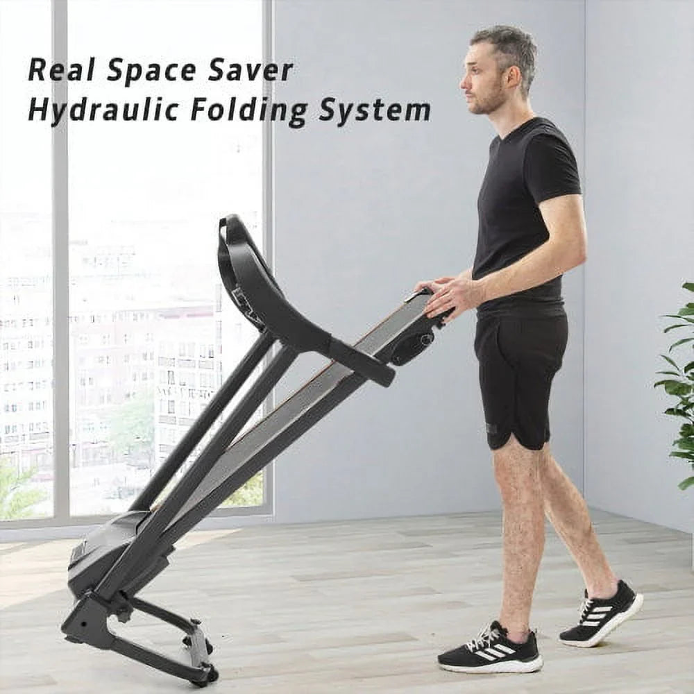 Compact Easy Folding Treadmill Motorized Running Jogging Machine with Audio Speakers and Incline Adjuster Large LCD display