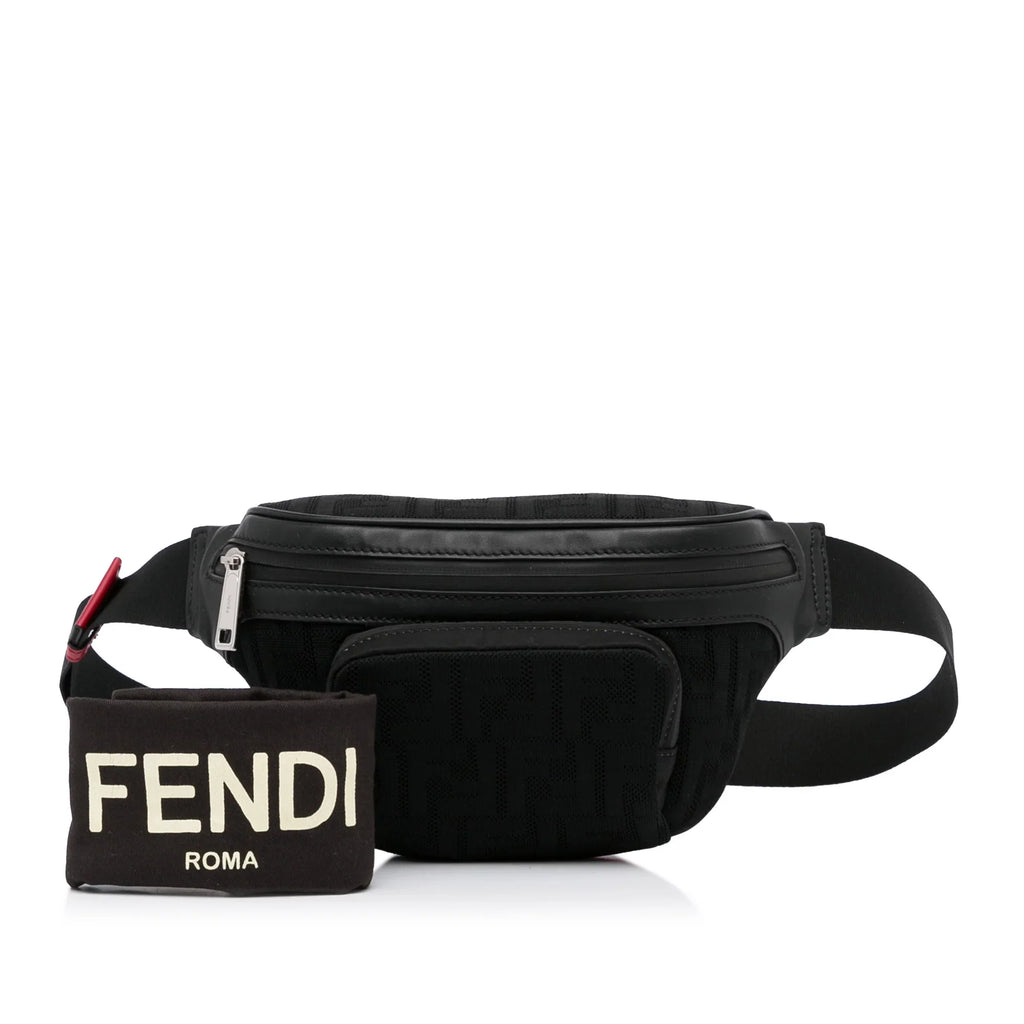 Pre-Owned Authenticated Fendi FF Neoprene Vitello Grace Perforated Pocket Belt Bag Knit Fabric Black Unisex (Good)