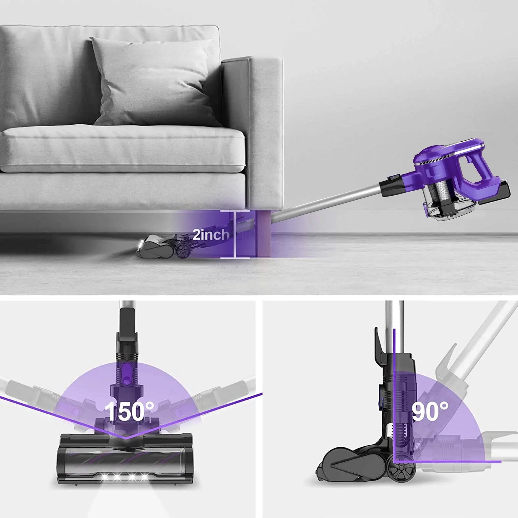 Cordless Vacuum Cleaner,10-in-1 Lightweight Handheld,23Kpa 250W Brushless Motor Stick Vacuum,Up to 45 Mins Runtime 2500mAh Rechargeable Battery for Carpet Hard Floor Pet Hair - Purple