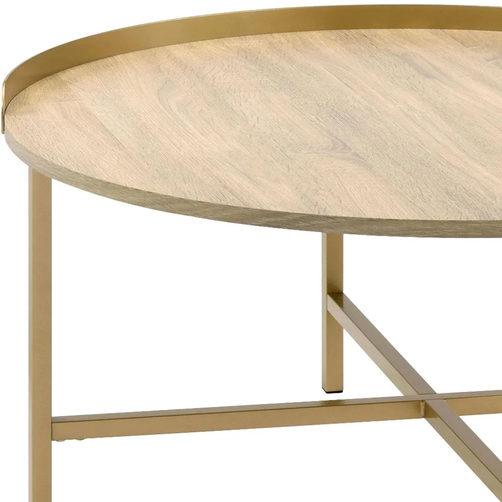 HomeRoots 490508 18 x 34 x 34 in. Gold & Oak Manufactured Wood & Metal Round Coffee Table