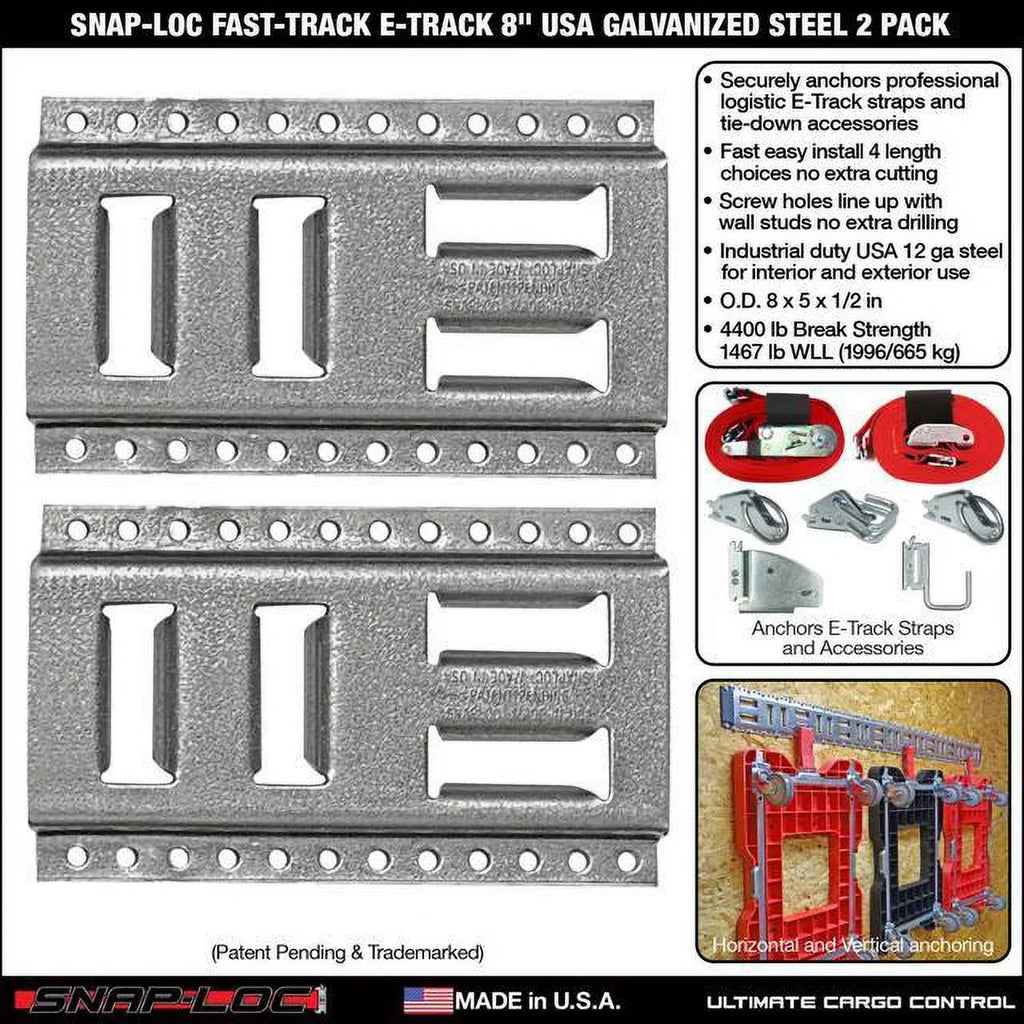 SNAP-LOC Fast-Track E-Track 8 Inch 2-Pack USA Galvanized Steel Horizontal Vertical, Logistic Tie-Down for Pickups, Trucks, Trailers