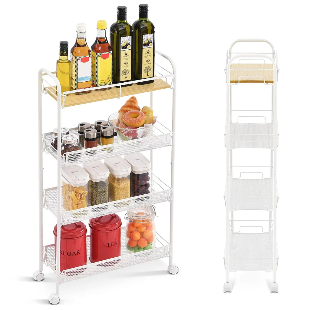 KK KINGRACK 4-Tier School Rolling Cart, Mesh Storage Utility Carts with Wooden Tabletop for Kitchen Bathroom, White