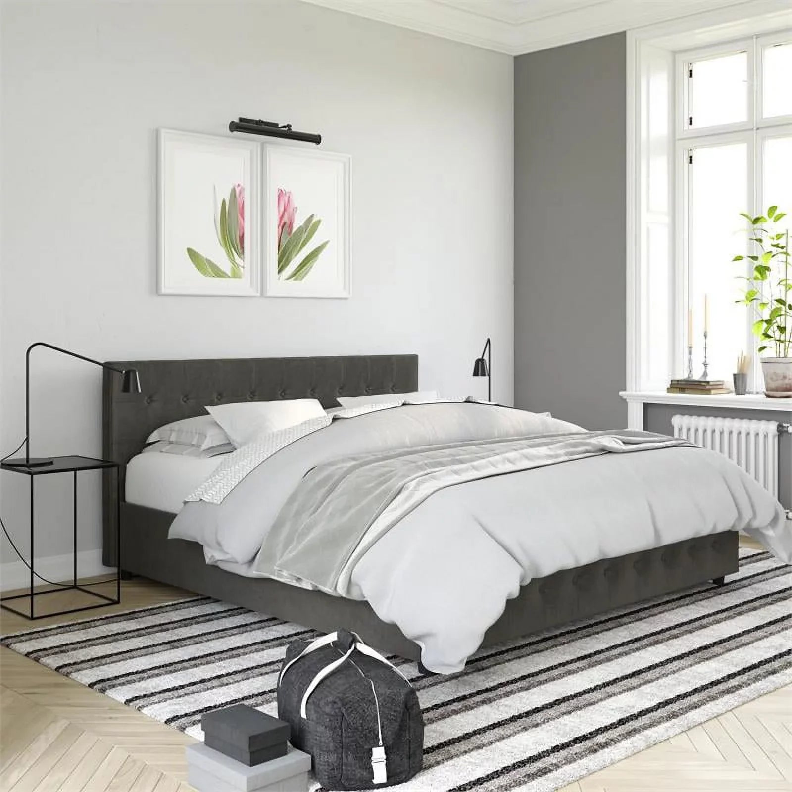 D Sherry Upholstered Bed in Queen Size Frame in Gray Velvet