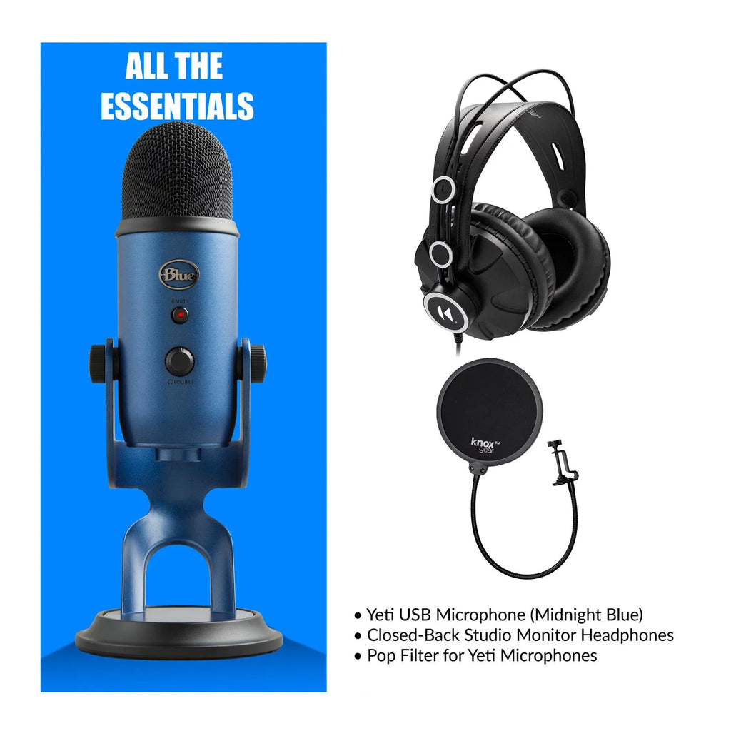 Blue Microphones Yeti USB Microphone (Blue) with Headphones and Pop Filter