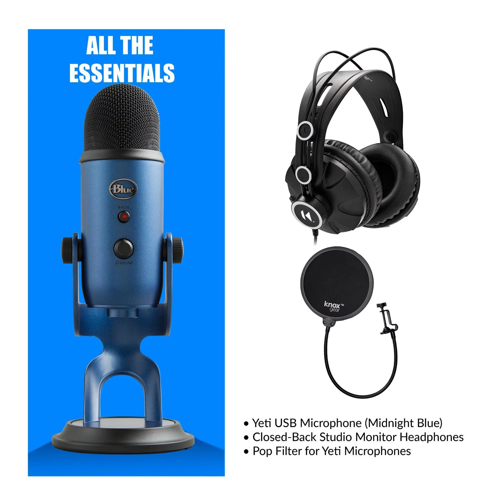 Blue Microphones Yeti USB Microphone (Blue) with Headphones and Pop Filter