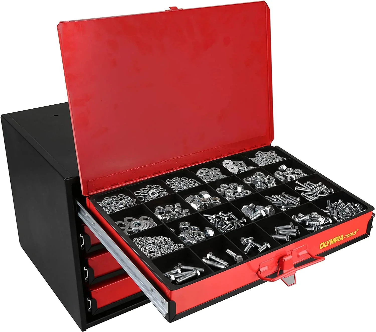 QCAI 90-806 4-Drawer Hardware Organizer includes 2500-pieces Small Hardware, black/red