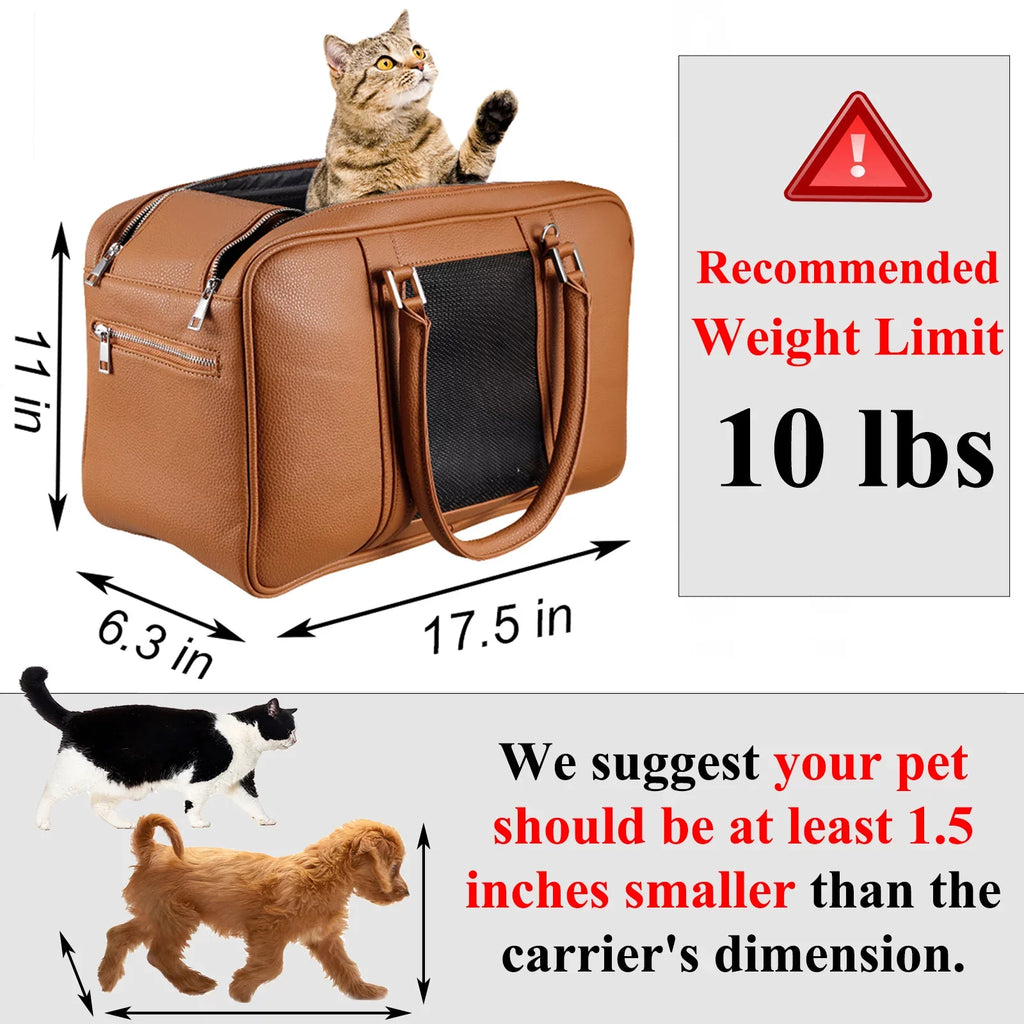 Fashion Dog Purse Carrier for Small Dogs with 2 Extra Pockets, Holds Up to 10lbs Pu Leather Cloth Pet Carrier, Cat Carrier, Airline Approved Puppy Purse Carrier for Travel (Brown, Small Size)