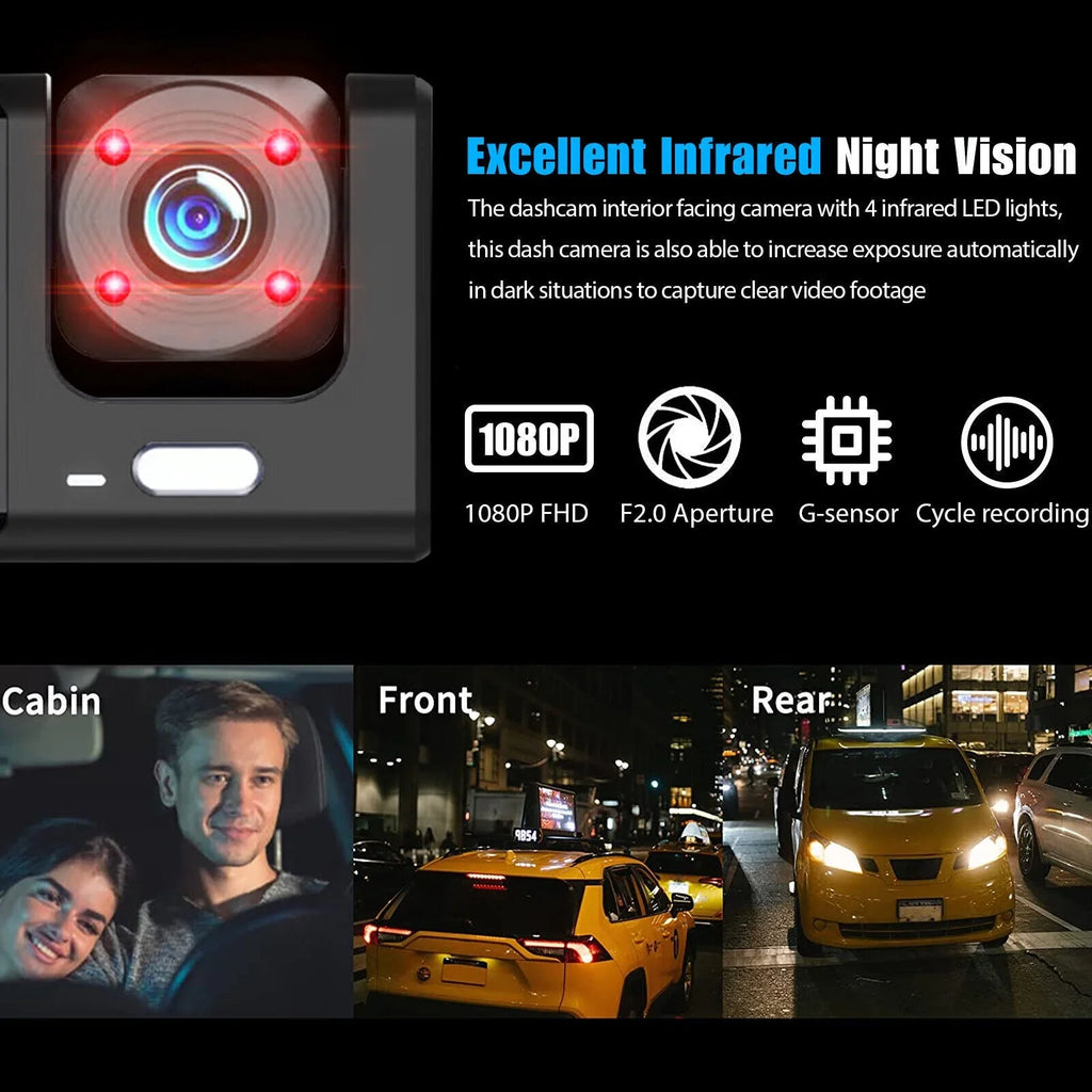 HD 1080P Car Dual Dash Cam,  Front/Rear/Inside Dual Lens Dash Camera,  Video Recorder Camera with G-sensor