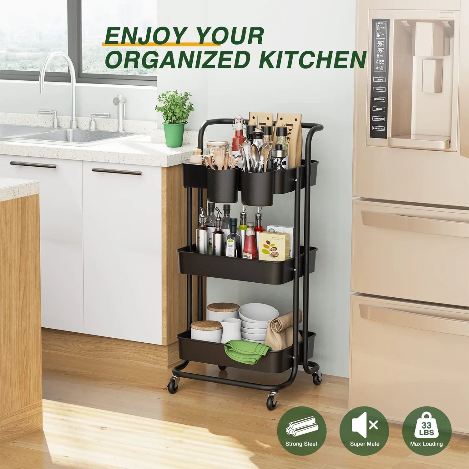 Annvchi  Utility Rolling Cart with Wheels3-Tier, Multi-Functional Storage Trolley, Storage Organizer Cart,  with Handle Multifunctional Storage Shelves for Kitchen Living Room Office Black