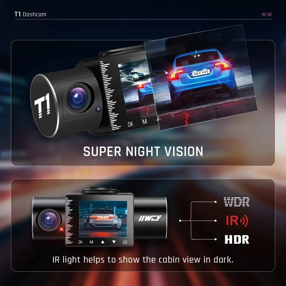 Dash Cam Front Rear and Inside 1080P Three Channels with IR Night Vision Car Camera SD Card Included Dashboard Camera Dashcam for Cars HDR Motion Detection and G-Sensor for Car, Taxi, Uber