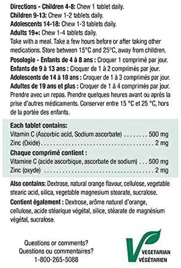 Jamieson Chewable Vitamin C + Zinc 500mg, Natural Tangy Orange, 400 Tablets